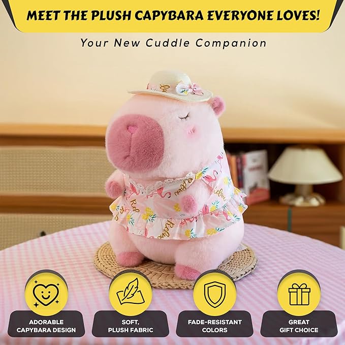 12 Inch Cute Animal Capybara Plush Toy with Pink Skirt, Cute Animal Plush, Cute Doll Gift for Kids for Girls/Boys, Kawaii Anxiety Stuffed Animal Plushie, Bedtime Huggable Companion