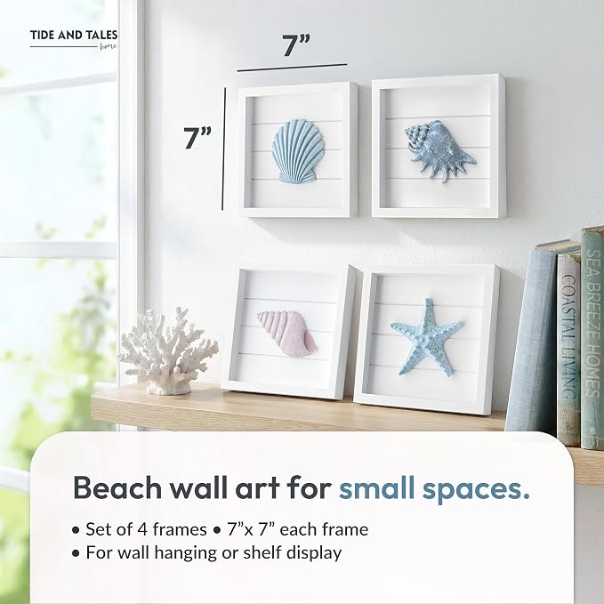 Tide and Tales 3D Coastal Wall Art, Beach Wall Decor, Framed Set of 4 | 7" x 7", Textured 3D Seashells, Bathroom Bedroom Kitchen Room Decor, Lightweight, Hand Painted, Gift Boxed, Hanging Ready