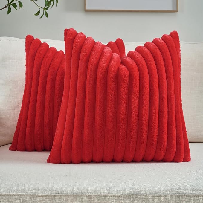 FUTEI Pack of 2 Faux Fur Throw Pillow Covers 22x22 Inch, Red | Fluffy Faux Rabbit Fur Front/Premium Velvet Back,Hidden Zipper,Machine Washable,Non-Shedding,Colorfast,Insert Not Included.