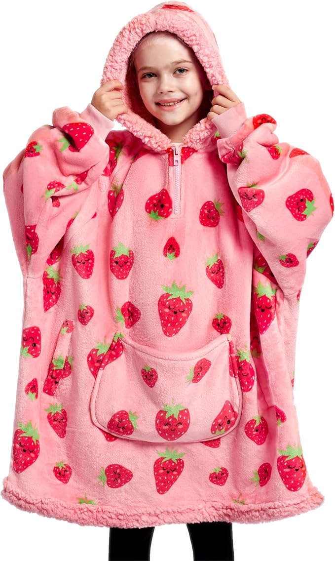 Giggling Getup Wearable Blanket Hoodie for Girls and Boys Warm Cozy Sherpa Fleece Hooded Blanket Sweatshirt Oversized Hoodie with Giant Pocket & Sleeves for Kids Strawberry