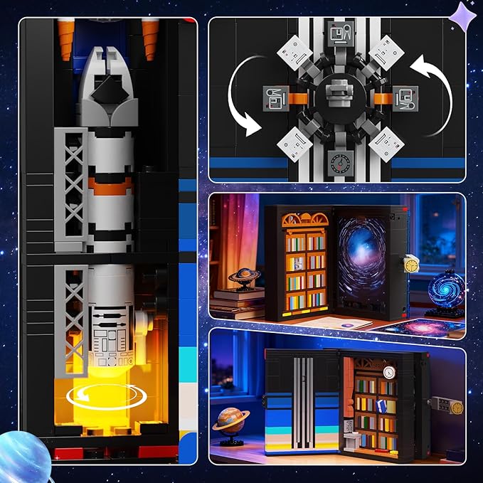 HOGOKIDS Magic Space Book Nook Building Set with LED Light, 945PCS Book Nook Building Block Sets for Bookshelf Home Decor, DIY Miniature Book Model Craft Kit, Christmas Birthday Gifts for Adults Teens