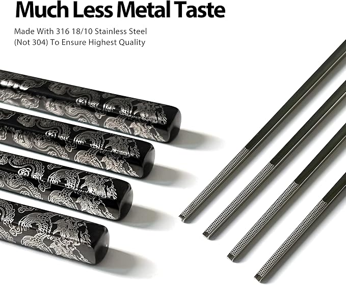 Hagary Dragon Chopsticks Metal Reusable Designed In Korea Japanese Style Stainless Steel 316 18/10 Non-Slip 2 Pairs Dishwasher Safe Laser Etched (Black)