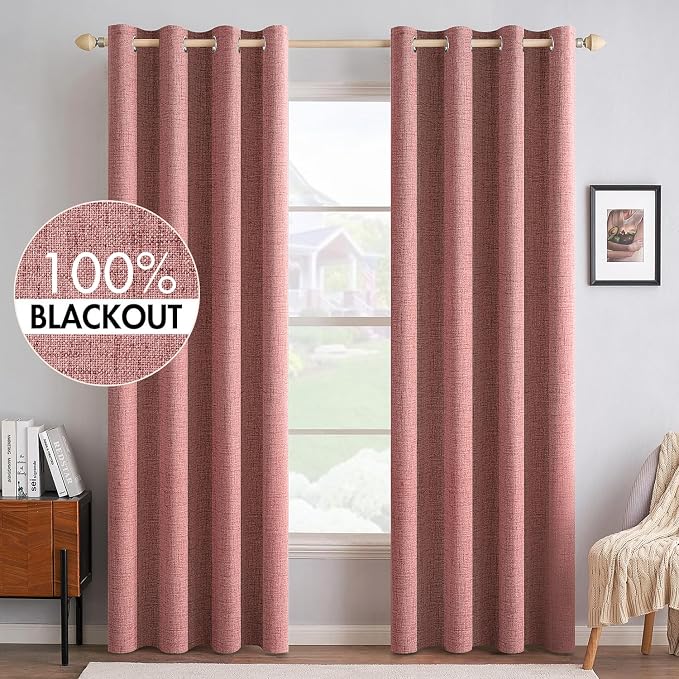 MIULEE 100% Blackout Linen Textured Curtains for Bedroom Solid Thermal Insulated Dusty Rose Grommet Room Darkening Curtains & Drapes Luxury Decor for Living Room 52 x 90 Inch (2 Panels)
