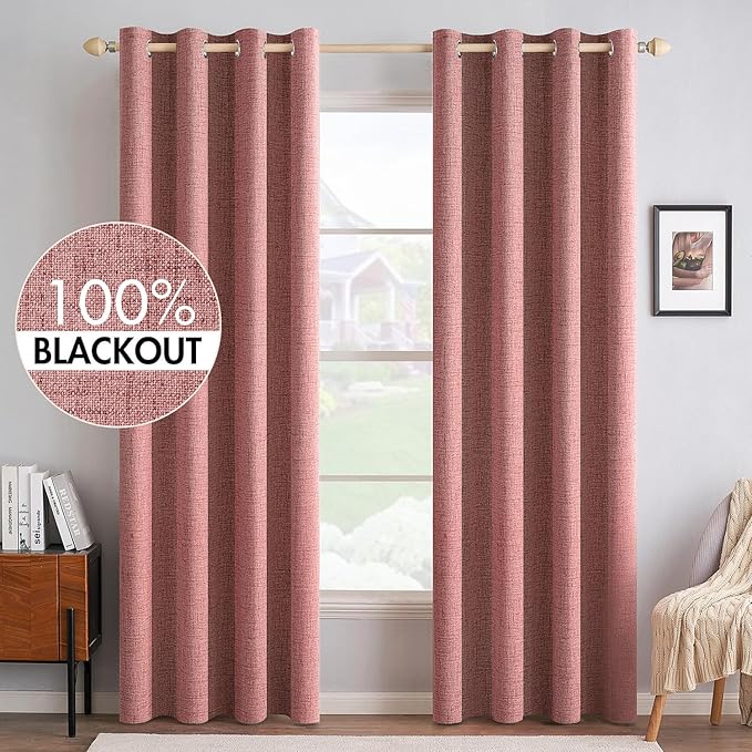 MIULEE 100% Blackout Linen Textured Curtains for Bedroom Solid Thermal Insulated Dusty Rose Grommet Room Darkening Curtains & Drapes Luxury Decor for Living Room 52 x 108 Inch (2 Panels)