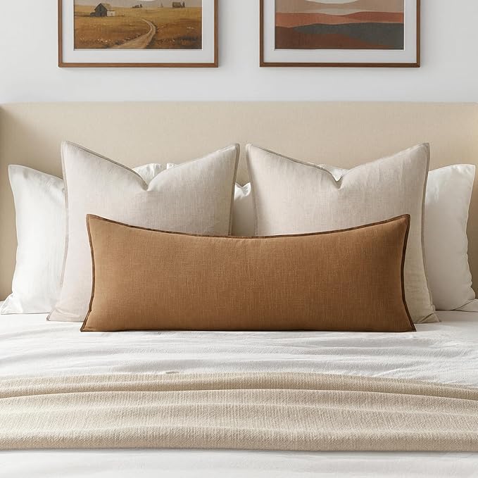MIULEE Decorative Linen Lumbar Pillow Cover 14x36 Inch Brown | Fall Autumn Boho Farmhouse Couch Long Throw Pillow for Bed, Pack of 1 Accent Modern Pillowcase, Sofa Livingroom Home Decor