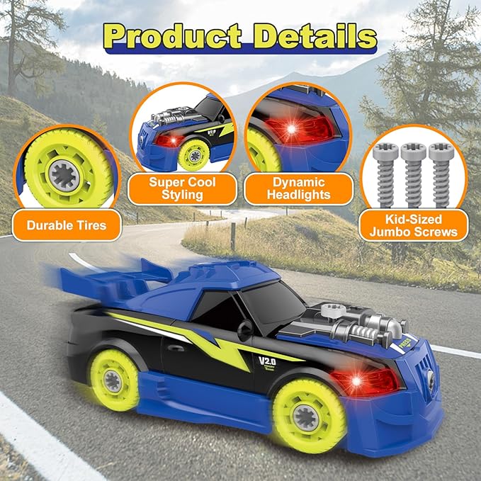 Pup Go Take Apart Toy Racing Car for Kids Age 3+ Year Old, 2 in 1 Build Your Own Car with Realistic Sounds & Lights, Construction Vehicle Toys with Electric Drill, Ideal Gitfs for Boys(4 Spare Screws)