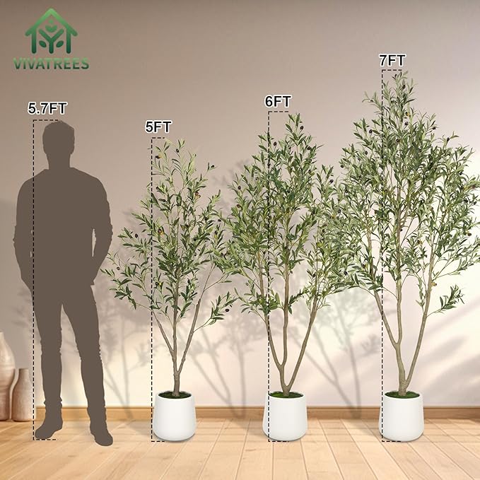 VIVATREES Olive Trees Artificial Indoor, 6FT Tall Faux Olive Tree with White Tall Planter, Artificial Plants with Natural Wood Trunk and Lifelike Fruits for Home Office Decor