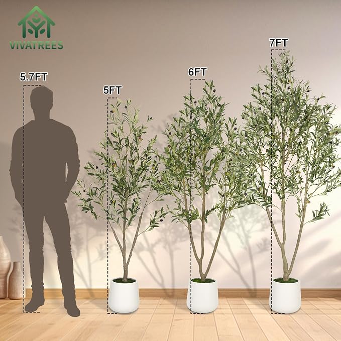 VIVATREES Olive Trees Artificial Indoor, 7FT Tall Faux Olive Tree with White Tall Planter, Artificial Plants with Natural Wood Trunk and Lifelike Fruits for Home Office Decor