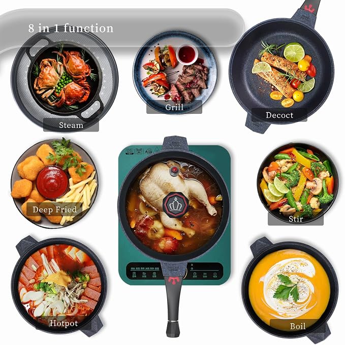 TIBORANG 11 Inch Nonstick Frying Pan with Lid,8-in-1 Multipurpose Cookware | 5 Qt Deep Sauté Pan Skillet with Steamer, PFOA-Free, Dishwasher & Oven Safe, Induction Compatible, Stay-Cool Handle, Black