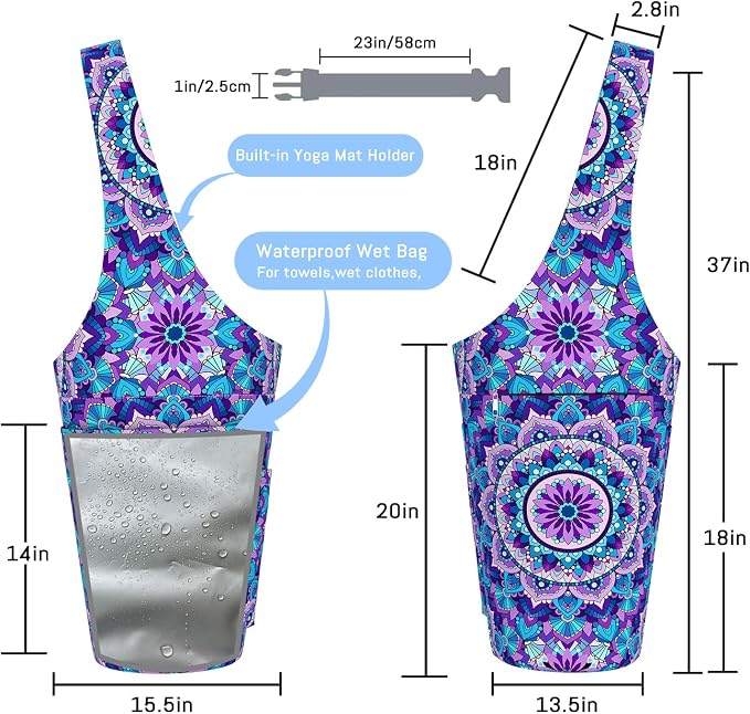 Mandala Yoga Mat Bag with Large Waterproof Zipper Pocket and Drawstring Pocket Long Tote Yoga Mat Carrier Holder Bags Fit Most Size Mats
