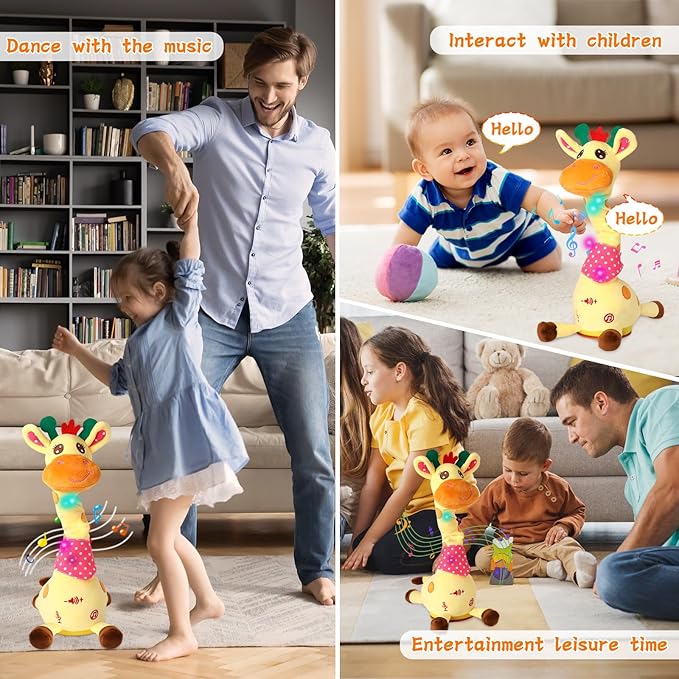LUKETURE Dancing Talking Giraffe Toy Stuffed Plush, Cute Interactive Talking Giraffe Gift for Girls Boys Kids, Musical Baby Toys Singing 10 Children's Song Repeats What You Say (Dancing Giraffe)