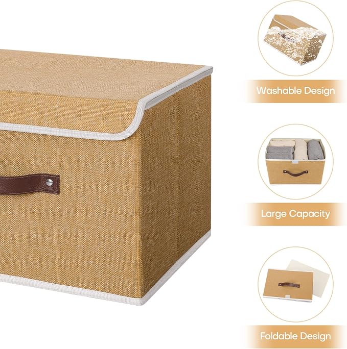 ANMINY Fabric Storage Box Bins with Lids, Khaki, 15"x10"x10", 2 Pack | Keepsake Memory Storage, Cotton Linen, PP Board Reinforced, Washable, PU Handles, Foldable & Stackable, Decorative, Large