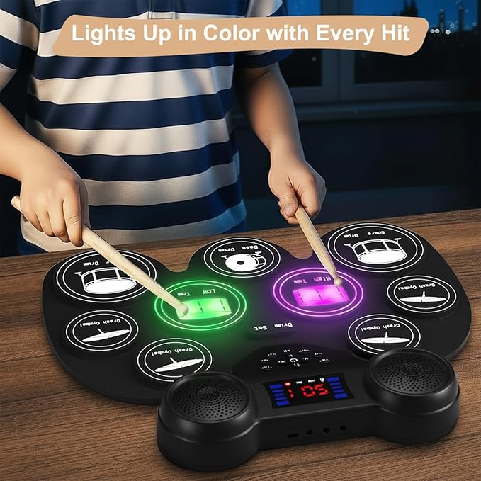 Electric Drum Set with 7 Colorful LED Light Patterns, Enhanced Rebound Feel Electronic Drum Kit Featuring 9 Pads, Bluetooth MIDI, and Dual Speakers, Family Gift for Kids and Adult Beginners