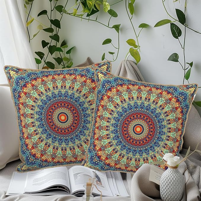 KSLIDS Boho Mandala Floral Soft Velvet Throw Pillow Covers Set of 2 Navy Blue Orange Flower Decorative Pillow Covers 18x18 Inch Abstract Retro Pillow Case for Sofa Couch Outdoor Modern Home Decor