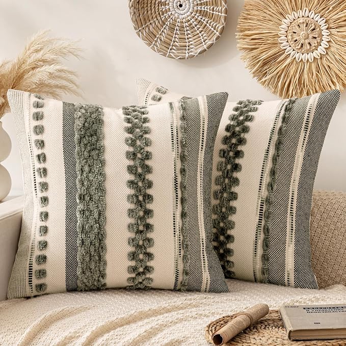 ANRODUO Boho Decorative Pillow Covers 20x20 Inch Gray Stripe 2 Pack of 2 | Throw Pillow Covers, Farmhouse Cushion Case, Chenille Pillow Cases, Pillow Covers, Accent Neutral Pillowcase for Sofa Couch