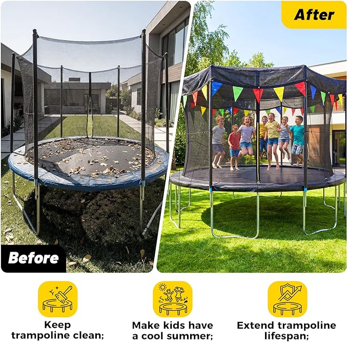 2026 Upgraded Round Trampoline Shade Cover, 4Lbs Heavy Duty Cover Accessories for 8 10 12 14 15 16FT Trampoline for Sun Protection, Sun Shade with Colorful Flag and 98FT Elastic Cord, Non Tears Easily