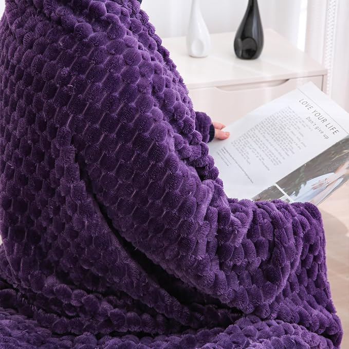 Puncuntex Deep Purple Throw Blanket 90"×90" Fuzzy 3D Jacquard Decorative | Flannel Fleece Super Soft Plush Cozy Blanket for Couch Sofa Chair Lightweight