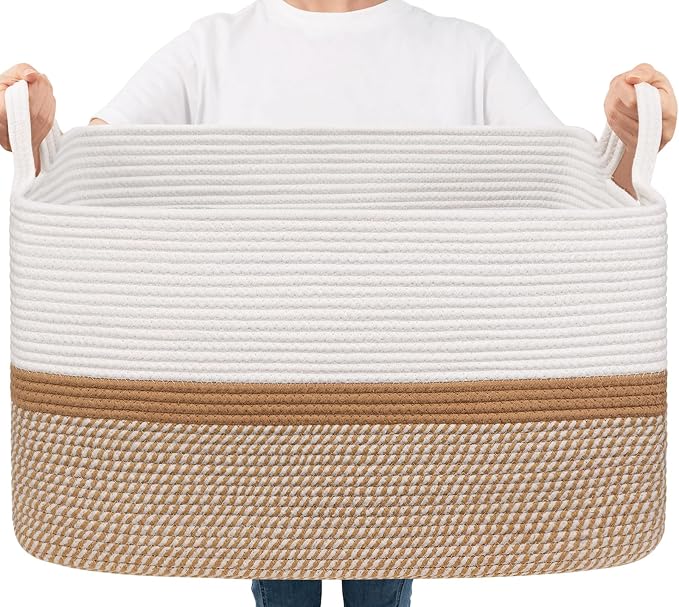Goodpick Large Woven Rope Blanket Basket, Rectangle, White & Camel Mix | 21.6'' x 14.9'' x 11.8'' Storage Basket for Blankets & Toys, Living Room, Bedroom & Nursery Organization, Home Decor