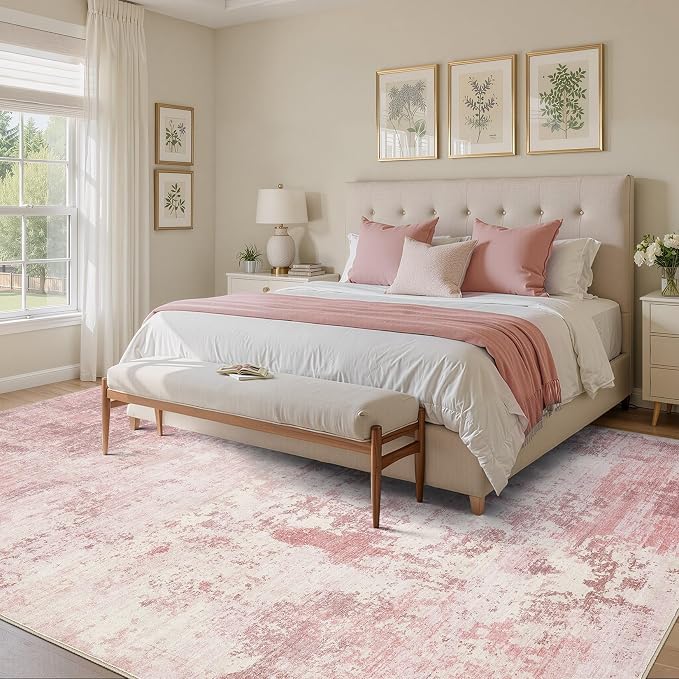 UERMEI 10x12 Area Rug Living Room Rugs - Washable Neutral Modern Abstract Soft Thin Large Rug Indoor Floor No Slip Rug Carpet for Bedroom Under Dining Table Home Office Decor - Pink