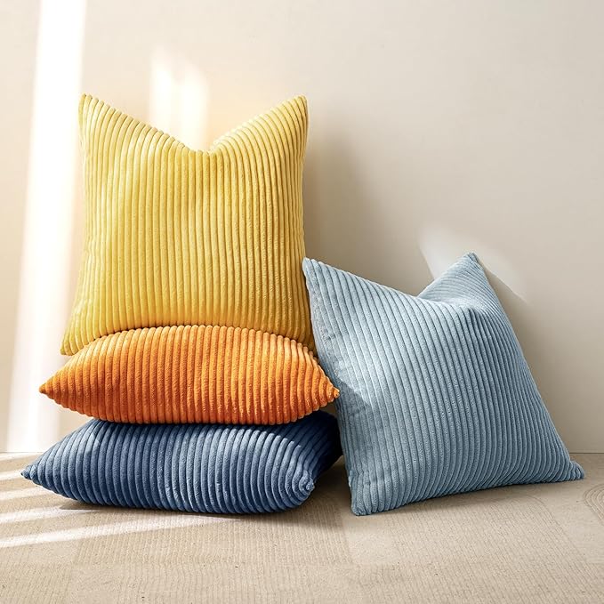 MIULEE Soft Corduroy Decorative Throw Pillow Covers Blue-Orange 18x18 | Set of 4, Mordern Nordic Coastal Decor, Summer Sky Wheat Set, Boho Farmhouse Cushion Covers for Couch Bed Sofa Living Room