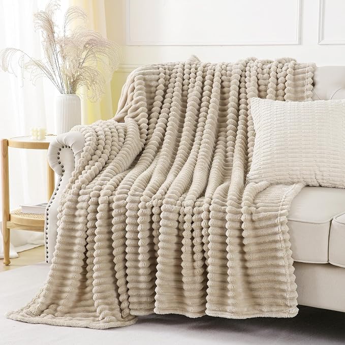 Khaki Throw Blanket for Couch Sofa 90x90 inches Striped Design | Fleece Blankets Room Home Decor Lightweight Plush Soft Cozy Gifts for Women Mom