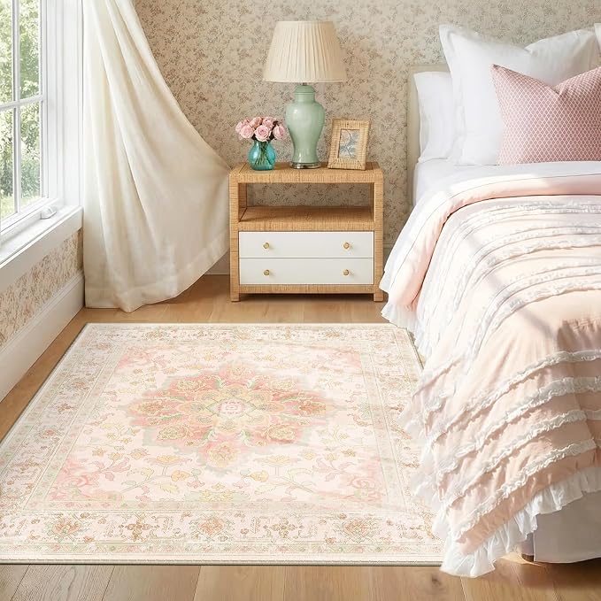 CAPALOCA Square 4ft Washable Nursery Girls Low Pile Area Rug Pink Green | Non-Slip Soft Rugs for Bedroom Kids Playroom Living Room, Print Pattern Water Repellent Carpet Indoor Decor