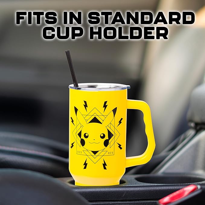 Silver Buffalo Pokémon Lightning Double Walled Stainless Steel Tumbler with Handle Featuring Pikachu, Fits in Standard Cup Holder, 40 Ounces
