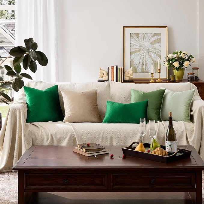 GIGIZAZA Green Velvet Pillow Covers 24x24 Decorative Pillows Pack of 2 | Throw Pillows for Couch Sofa,280gsm Soft Textured Fabric,Modern Square Pillowcases,Luxury Cushion Covers