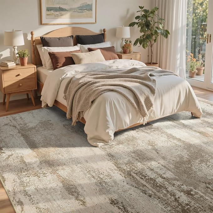 6x9 Ft Large Abstract Area Rugs for Living Room, Soft Non-Slip Modern Washable Rugs Print Pattern Carpet for Bedroom Indoor Floor Nursery Home Decor (Pink-Brown/Light tan)
