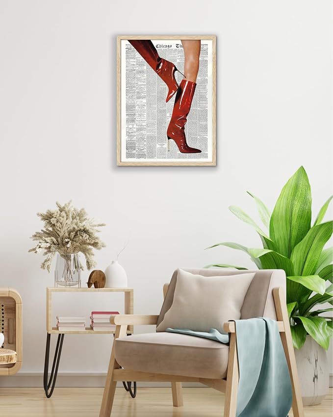 EcoHest Small 8x10 in Red Boots Newspaper Framed Wall Art | Natural Oak Wood Frame, Canvas Wall Art, Fashion Magazine Wall Decor for Bedroom, Apartment, Dorm Room, College Room, 1Pack