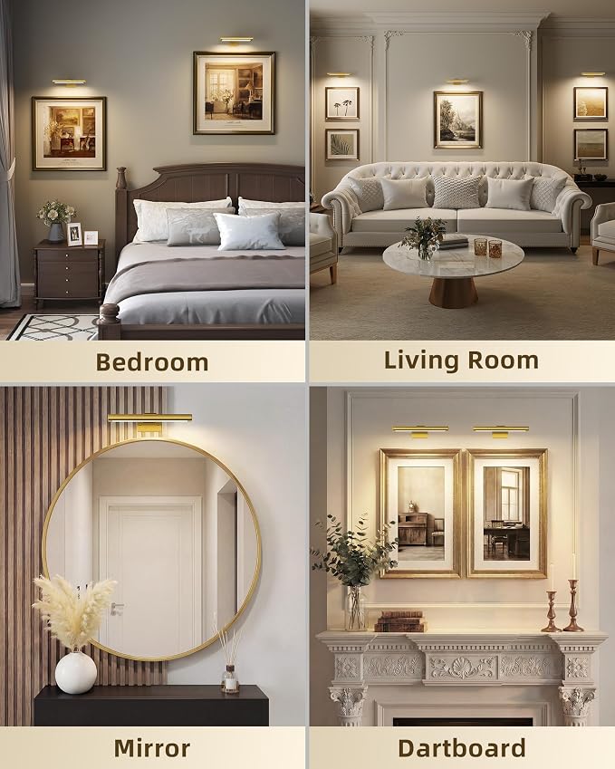 EZVALO Picture Light for Wall, Rechargeable 2400mAh Gold Lights Wireless with IR Remote, 3 Color & Dimmable Magnetic 7.87'' LED Lights Display for Painting, Living Room, Gallery, Bedroom Art (2P)