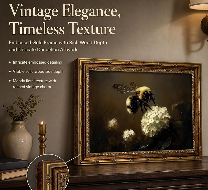 Vintage Gold Framed Bee Wall Art Dark Academia Insect Painting Canvas Print Gothic Moody White Hydrangea Picture Wall Decor Rustic Farmhouse Animal Poster Artwork for Living Room Bedroom Bathroom