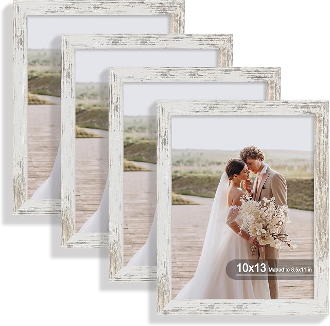 Hongkee 10x13 Picture Frame Set of 4, Made of Real Glass and Distressed White Frame, 10 by 13 Photo for Wall or Tabletop - Display Picture 8.5x11 with Mat or 10x13 Without Mat
