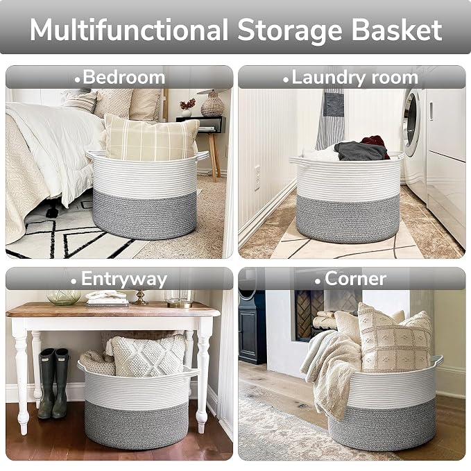 Goodpick Woven Blanket Basket Living Room, Toy Bin for Playroom, 85L | 21.7 x 21.7 x 13.8 In Toy Storage Basket for Nursery, Blanket Basket for Living room, Laundry Basket, Light & Grey