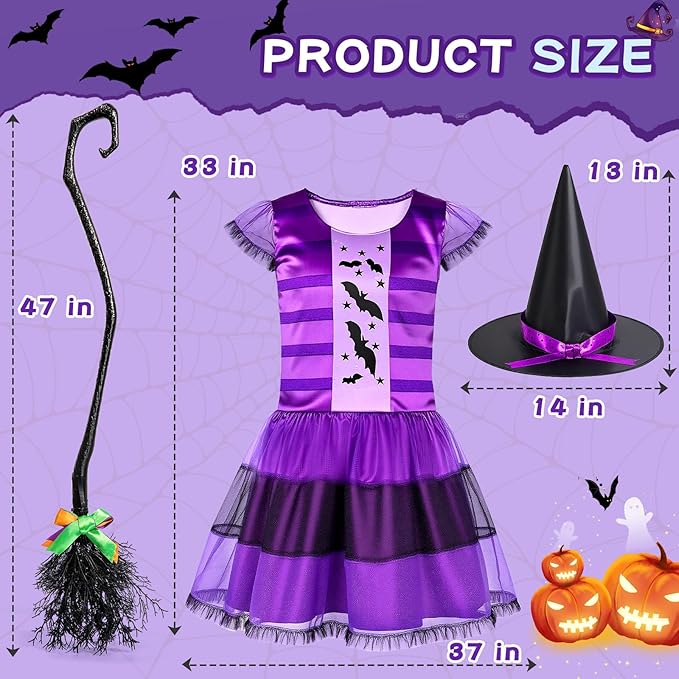 Witches Costume for Girls 3-8 6-12, Halloween Witches Dresses with Broom, Hat for Role Playing, Fairytale Halloween Party Birthday Gifts for Kids Toddlers Girls Age 3-5 5-8 8-12(Large)