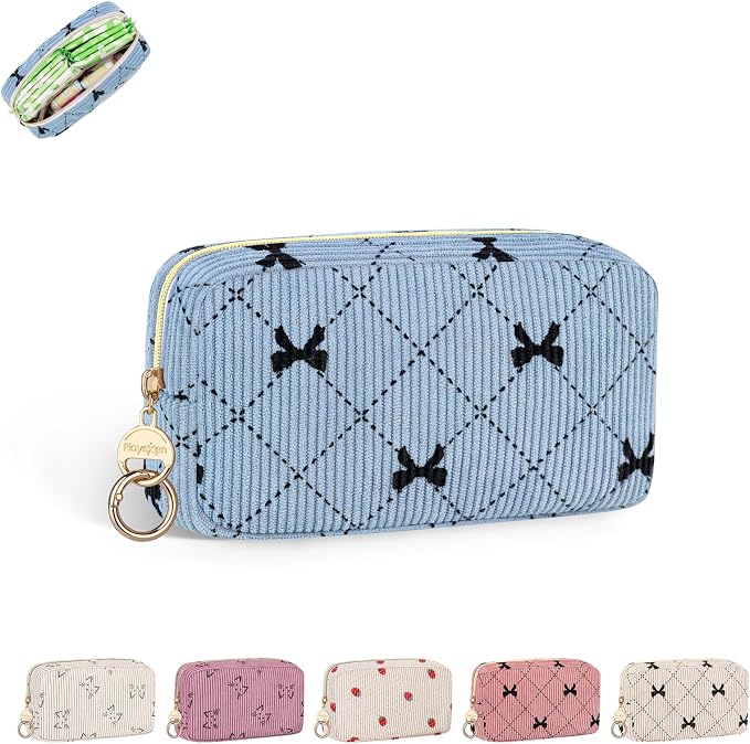 Corduroy Tampon Holder for Purse, Cute Period Bag with Ring Buckle, Portable Tampon Bag Organizer Case for Feminine Products (Bow-Blue)