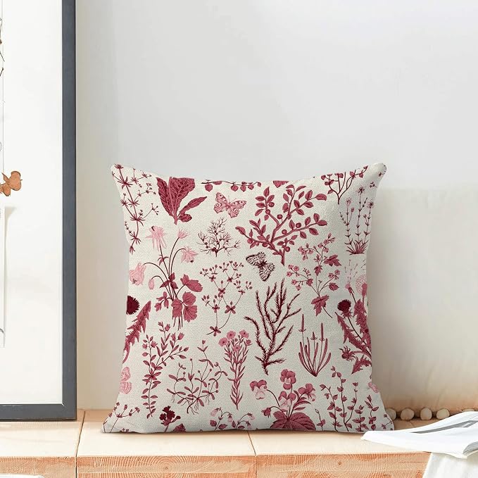 Christmas Pillow Covers 18x18 Inch Set of 2,Burgundy Red Wild Flower Plant Throw Pillows Case,Seasonal Floral Outdoor Decorative Square Linen Farmhouse Decor Cushion Covers for Home Sofa bed Couch