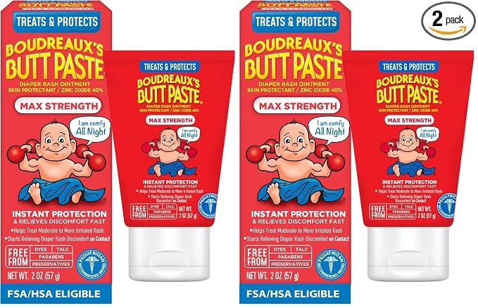 Boudreaux’s Butt Paste Max Strength Diaper Rash Cream for Baby, Ointment With Zinc Oxide, 2 oz Tube (Pack of 2)