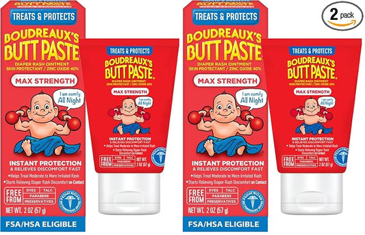 Boudreaux’s Butt Paste Max Strength Diaper Rash Cream for Baby, Ointment With Zinc Oxide, 2 oz Tube (Pack of 2)