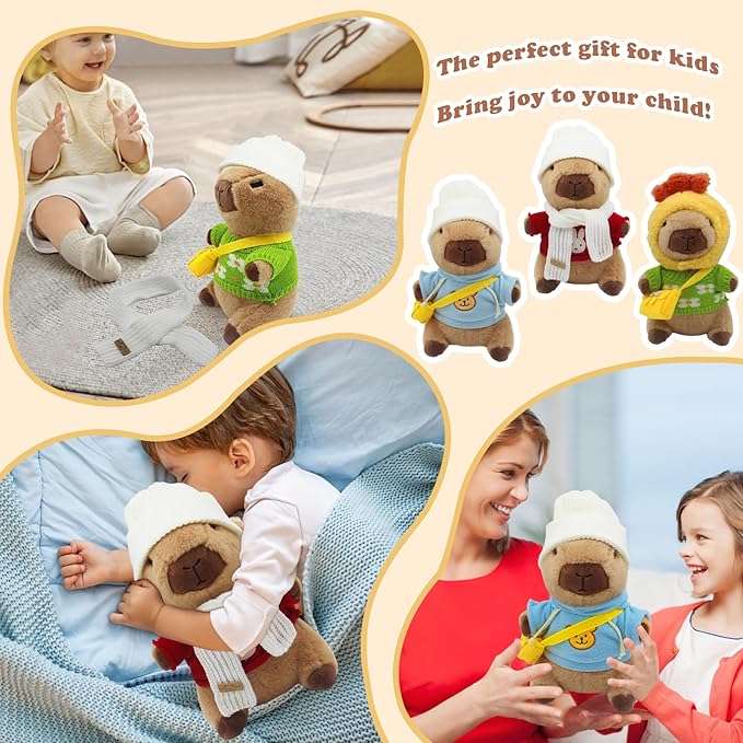 Capybara Plush with 10 pcs Clothes & Accessories, Dress Up Capybara Stuffed Animal Plush Toys with Outfits, Including 10 Sets of Clothing and Accessories, Suitable for Boys and Girls as Birthday Gifts