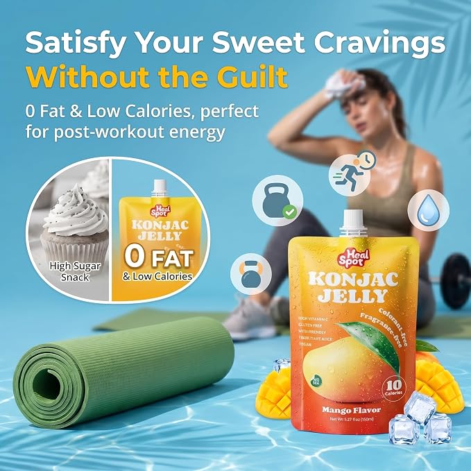 Healspot Real Fruit Juice Snacks Konjac Jelly with Collagen Peptides and Vitamin C, No Artificial Sweetener, Low Calories|Gluten Free|Keto Friendly, Healthy Korean Snacks 10 Pouches Mango Flavor