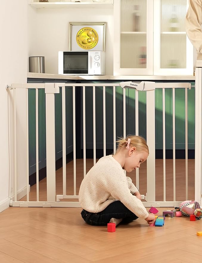 Babelio Metal Baby Gate, 29-48“ Auto Close Easy Install Pet Gate, Extra Wide Walk Thru Child Safety Gate, Pressure Mounted Dog Gate for Doorways & Stairs, with Y Spindle Rods, White