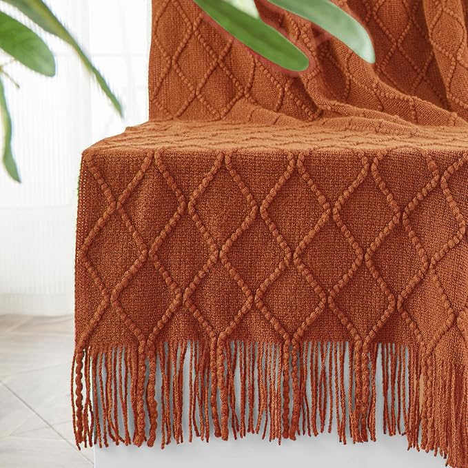 inhand Orange Rust Knitted Throw Blanket for Couch and Bed, 60"x80" | Soft Cozy Knit Blanket with Tassel, Lightweight Decorative Blankets and Throws, Farmhouse Warm Woven for Men and Women