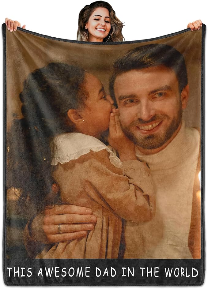 Fathers Day Birthday Gift for Dad Custom Blanket with 1 Photo & Text, Personalized Blankets with Picture to My Dad, HD Printing Customized Flannel Throw Blanket Gifts for Best Daddy Grandpa Ever