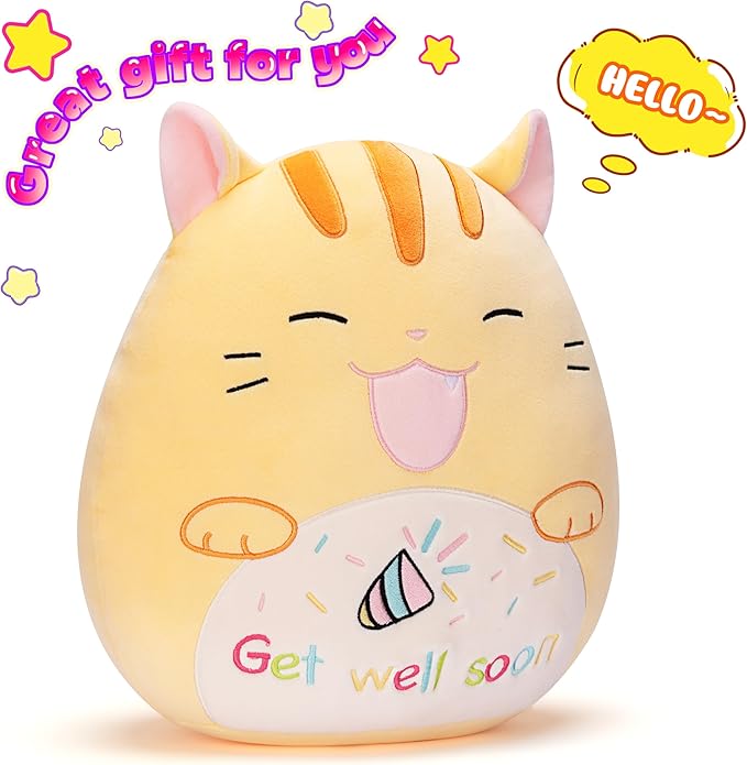 Get Well Soon Cat Pillow Plush Stuffed Animal Toy Patient Feel Better,12.5" Big Size Soft Cute Adorable Plushie Toys,Gift for Kids Women Girls