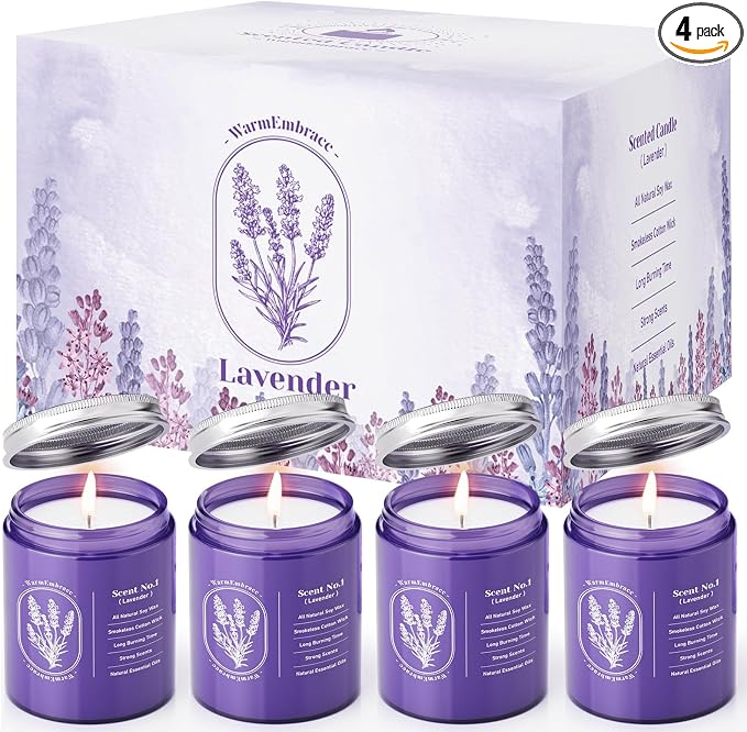 WarmEmbrace Lavender Candles for Home Scented, 30.4 oz Aromatherapy Purple Jar Candles for Women, 160 Hour Long-Lasting Burn Scented Candles for Birthday - 4 Pack