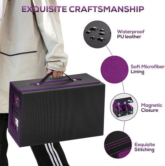 Trading Card Storage Box for MTG, MTG commander deck box，Multi-purpose Deck Case for MTG TCG Sports Card, 4 Toploaders, 4 Stoppers, 4 Colorful Dividers (Black & Purple)