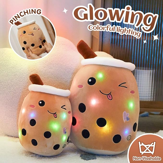 Athoinsu Light Up Boba Milk Tea Plush Pillow,10''Kawaii Chocolate Bubble Stuffed Animal Toy with LED Lights,Birthday Christmas Holiday Valentines Gifts for Kids,Girls,Boys