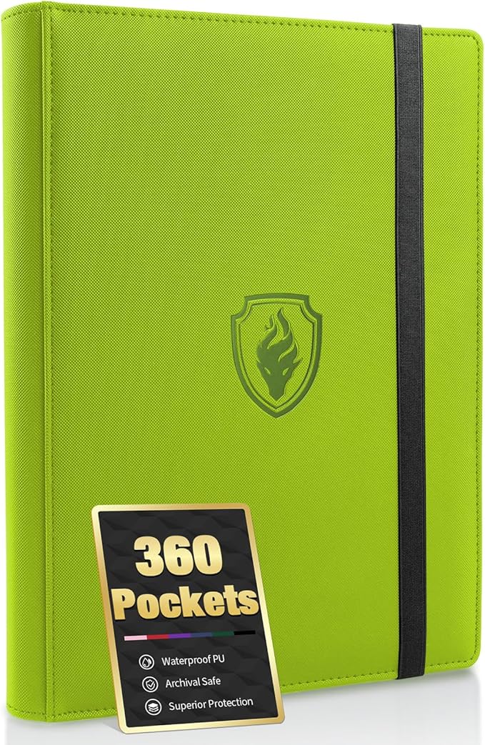 Premium 9 Pocket Card Binder for 360 Cards, Fabmaker PU Cover Trading Card Binder, Sturdy Card Collection Album, Sleek Card Holder Folders for Game Cards & Sports Cards, Green
