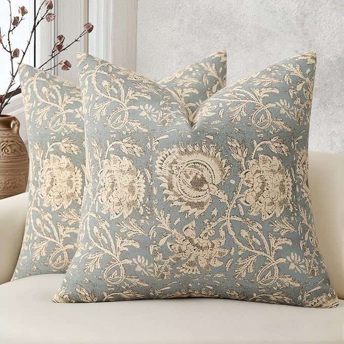 Vintage Floral Print Throw Pillow Covers 24x24 Set of 2 Neutral Modern Farmhouse Pillowcases Accent Decorative Cushion Covers Boho Home Decor for Couch Sofa Chair Bed Living Room, Sky Blue